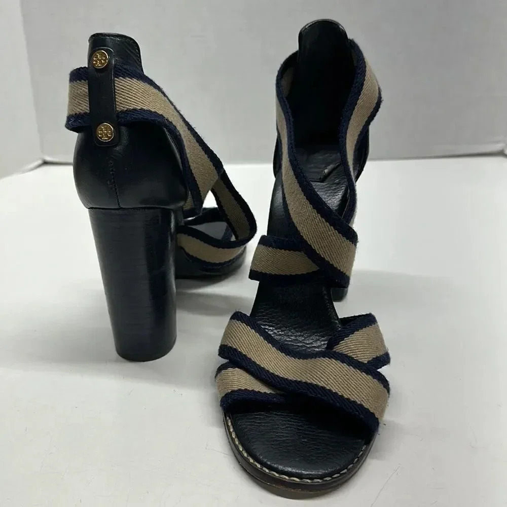 Tory Burch Laurie Criss Cross Elastic Strap Chunky Stacked High Heel Shoe 10